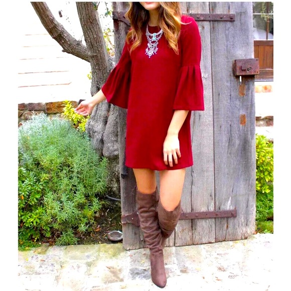 Anthro MOTH Red Bell Sleeve Rib Knit Mini Sweater Shift Dress Tunic - Picture 8 of 12